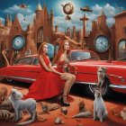 Surreal artwork featuring woman in red dress, classic car, white tigers, and fantastical