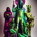 Futuristic figures in ornate neon armor with staffs on soft-lit backdrop