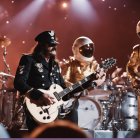 Person in black military outfit plays electric guitar with astronauts on cosmic stage