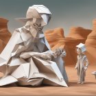 Illustration of humanoid figure in white armor with glowing object in desert landscape