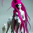 Surreal fusion of woman and horse in pink liquid with floating elements