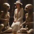 Victorian woman with aliens in candlelit gothic room