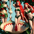 Three Red-Haired Mermaids in Green Tails Inside Giant Clamshell surrounded by Roses