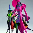 Stylized female figures in exaggerated fashion and hats on light backdrop