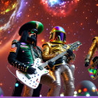 Vibrant Astronauts Playing Guitars in Cosmic Sky