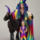 Stylized humanoid figures with multicolored hair and goat features alongside black and white goats on neutral