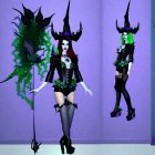 Fantasy fashion scene with black horse and colorful witch-inspired outfits