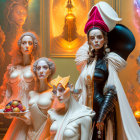 Fantasy-themed photo: Five models with colorful hair and makeup alongside three whimsical goats