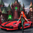 Colorful artwork featuring a woman in a red dress on a sports car with fantasy characters in an orn