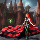 Red-Haired Heroine in Cape with Green Orb in Fantasy Landscape