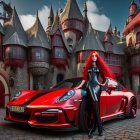 Digital artwork: Woman with pink hair in battle attire beside red sports car and medieval castle.