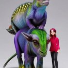 Stylized fantastical figures with human and animal features in purple and green hues, alongside a mythical