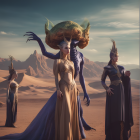 Three characters in elaborate fantasy armor under twilight sky in desert.