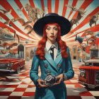 Surreal painting of woman with camera and whimsical elements