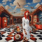 Woman in white outfit and red hat on surreal checkered floor with floating ships, vintage cars, and