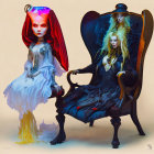 Fantasy characters in ornate chairs with red veil and fox-like ears.