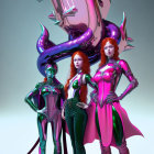 Avant-garde futuristic figures in pink and green costumes on light backdrop