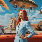 Red-haired woman poses by vintage car amidst surreal flying machines and fiery sky.