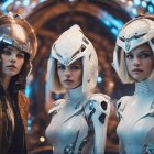 Futuristic women in ornate costumes with gemstone helmets on intricate backdrop