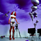 Stylized female characters in futuristic superhero costumes with oversized everyday objects under a purple sky