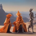 Three robed figures in desert with snowy dunes, castle, and celestial bodies.