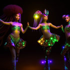 Colorful 3D-rendered female figures with neon outfits on dark background