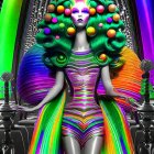 Colorful futuristic character with iridescent skin in metallic outfit