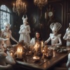 Vividly colored digital art with multiple stylized female figures in ornate room