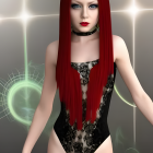 Red-haired female in dark bodysuit with green eyes, choker, and bracelets among glowing orbs