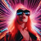 Futuristic woman in tech outfit with red hair and black helmet against colorful burst background