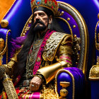 Regal Figure in Blue Hat and Armor on Throne with Purple Backdrop