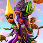 Colorful sculpture with purple character and fantasy creatures in vibrant setting