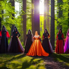 Stylized figures in vibrant cloaks in mystical forest with sunbeams