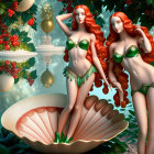 Stylized mermaid figures with red hair in a shell surrounded by flowers and foliage