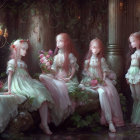 Four Pale-Skinned Girls in Fantasy Woodland Setting with Lantern