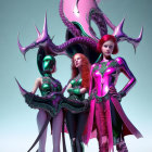 Futuristic women in shiny armor next to pink organic structure