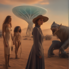 Women in white dresses with child encounter alien creature in desert landscape