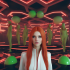 Red-haired woman in golden crown in futuristic neon-lit space with blurred figures