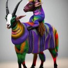 Colorful stylized goats with galaxy fur and vibrant rainbow colors on neutral background