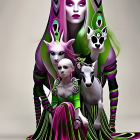 Stylized fantasy characters in green and purple with intricate outfits