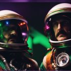 Stylized retro-futuristic astronauts in ornate suits against cosmic background