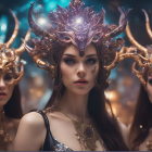 Three women with intricate horned headdresses and floral crowns in mystical setting