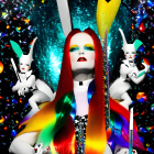 Digital illustration of female figure with red hair, rabbit ears, white rabbits, colorful feathers, and dark