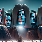 Surreal landscape: Five blue human faces carved in mountain range