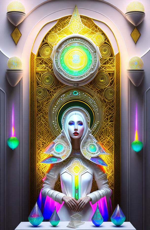 Blue-skinned female figure in futuristic attire with white hair against glowing mandala backdrop.