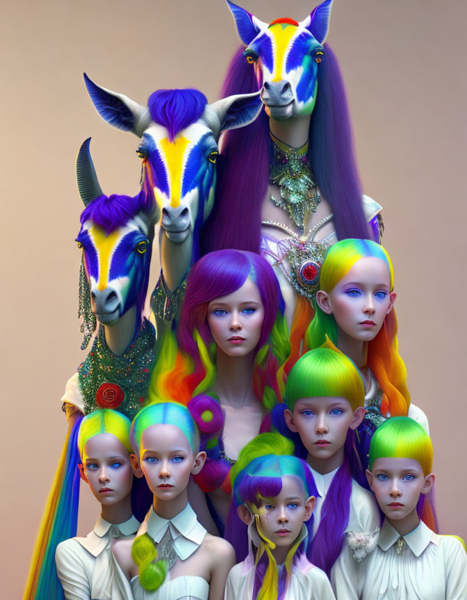 Colorful surreal portrait features goats and humanoid figures