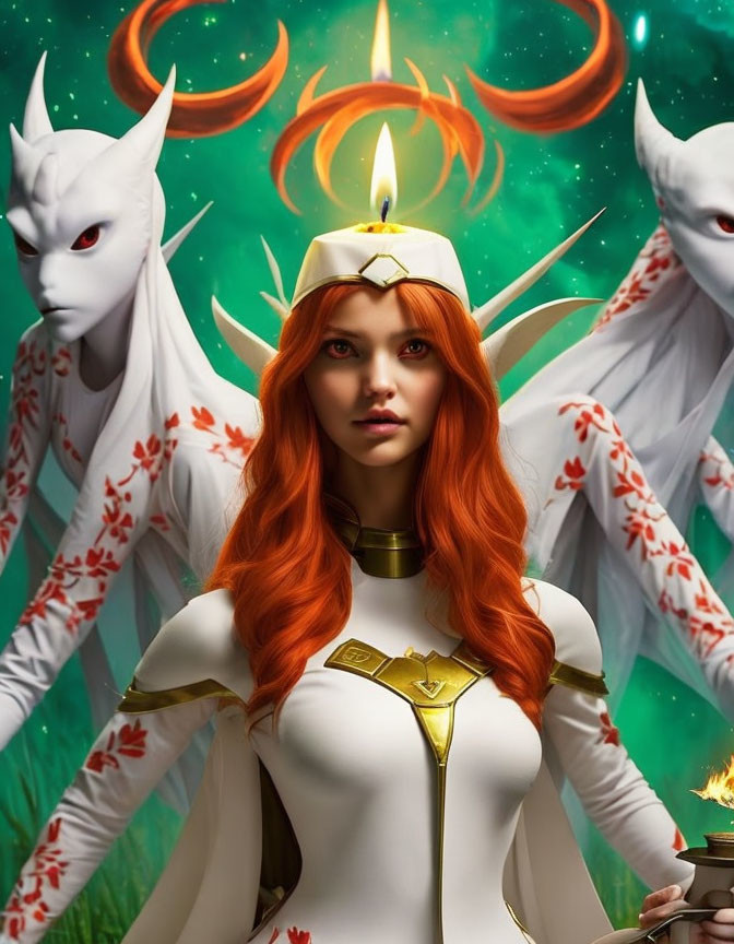 Red-haired woman in white and gold outfit with dragons and candle on green background