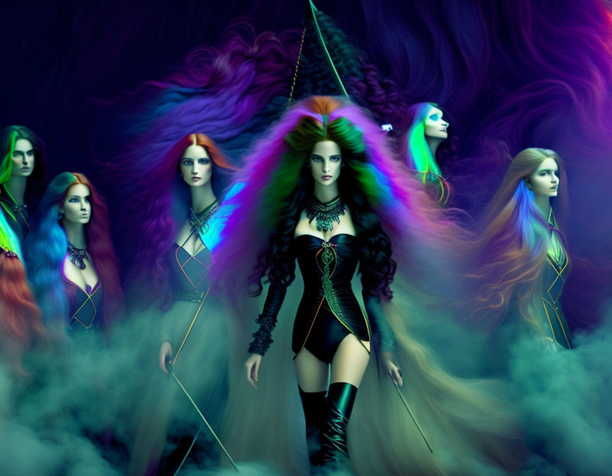 Fantasy digital artwork: Female character with unicorn horn surrounded by ethereal figures