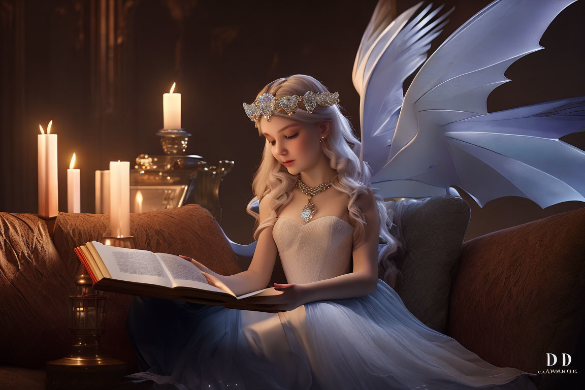 Winged elfin creature reading book by candlelight