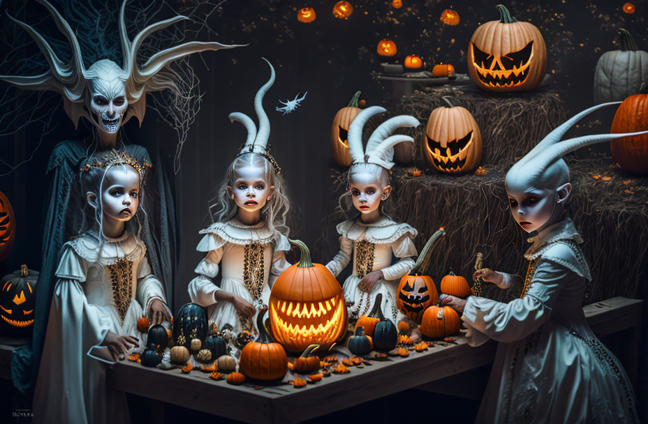 Children in costumes with carved pumpkins and haunting figure in eerie Halloween scene